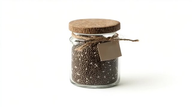 Glass jar with chia seeds and kraft label.