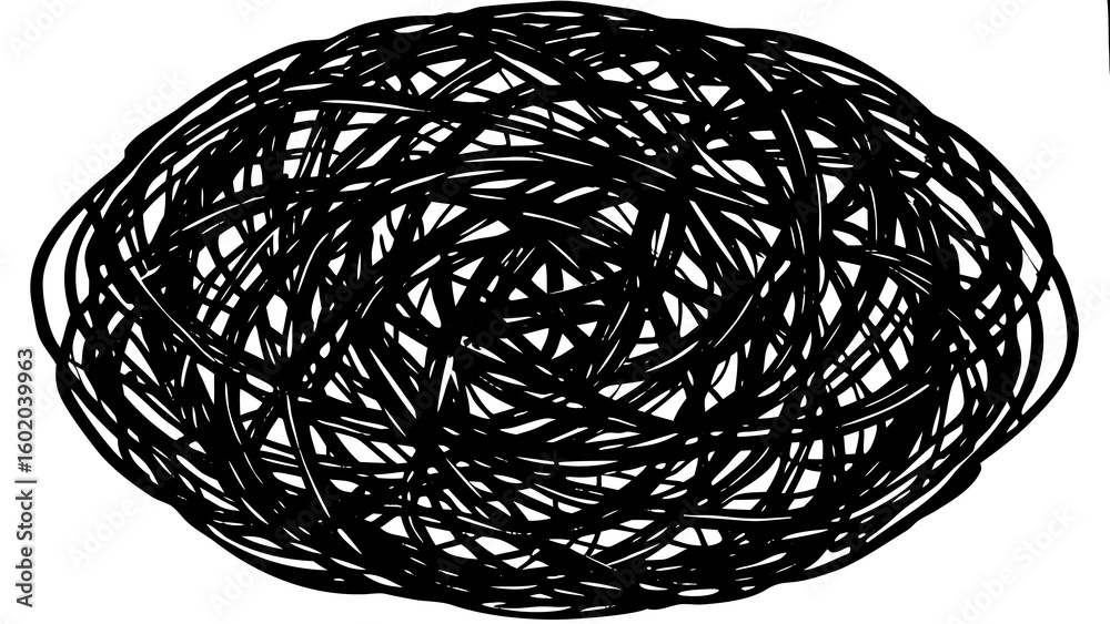 Poster an oval shape filled with many black lines creating a dense and chaotic visual texture design create