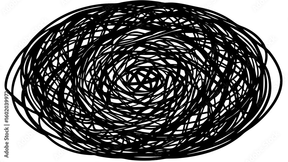 Poster oval shape filled with chaotic black lines creating a dense and abstract scribble design on white ba
