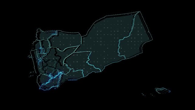 A map of Yemen with regional borders. The map is animated and shows the country's outline and major cities