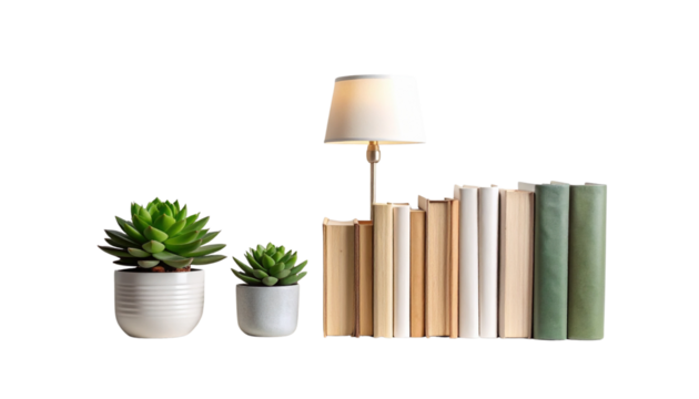 Cozy Home Shelf Scene – Lamp, Books, and Potted Succulent Transparent Background PNG