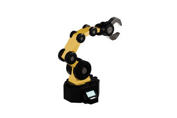 3d Mechanical arm in the isolated on white background, industrial robot, robot arm. Minimal Yellow and Black robotic arm with grey gripper standing. 3d rendering.