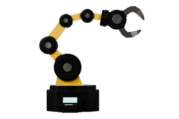 3d Mechanical arm in the isolated on white background, industrial robot, robot arm. Minimal Yellow and Black robotic arm with grey gripper standing. 3d rendering.