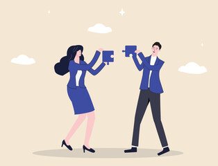 Business mismatch or error, poor decision-making, incorrect solutions, and mismanagement concept of confused professionals struggling to fit the wrong jigsaw puzzle pieces together.