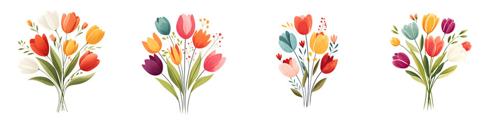 Stylized Tulip Bouquets - Colorful Floral Illustration Set on White