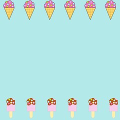Colorful ice cream cones and popsicles border on background
