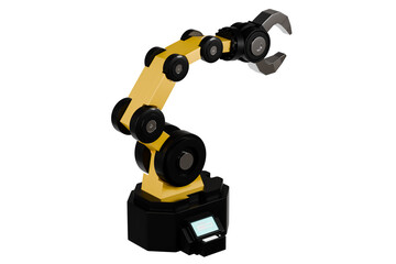 3d Mechanical arm in the isolated on white background, industrial robot, robot arm. Minimal Yellow and Black robotic arm with grey gripper standing. 3d rendering.