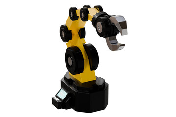 3d Mechanical arm in the isolated on white background, industrial robot, robot arm. Minimal Yellow and Black robotic arm with grey gripper standing. 3d rendering.