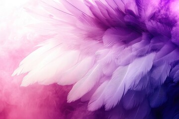 A close-up showcases a profusion of soft, overlapping feathers in varying shades of purple, pink, and white, set against a hazy, color-graded background.