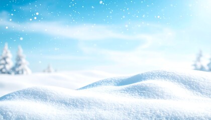 Winter landscape with snow-covered hills and falling snow