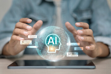 Futuristic AI interface concept with user interacting on tablet