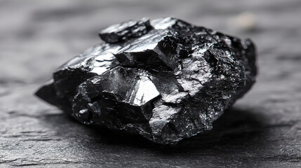Naklejka premium Raw molybdenum ore crystals on black shale with metallic reflections,showcasing strategic mineral resources and clean energy materials for industrial use.