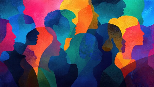 Colorful profile portraits of many people