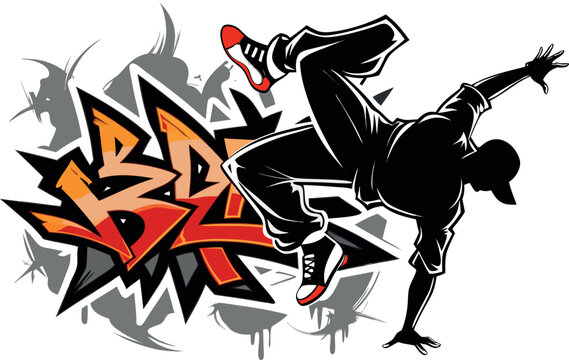 Silhouette of a break-dancer mid-spin with a graffiti wall background, urban streetwear details, vector style, black on transparent background