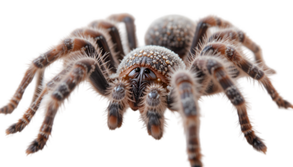 Close up macro photography of tarantula spider arachnid insect creepy hairy dangerous venomous animal 100mm lens isolated on tranparent background