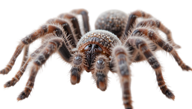 Close up macro photography of tarantula spider arachnid insect creepy hairy dangerous venomous animal 100mm lens isolated on tranparent background