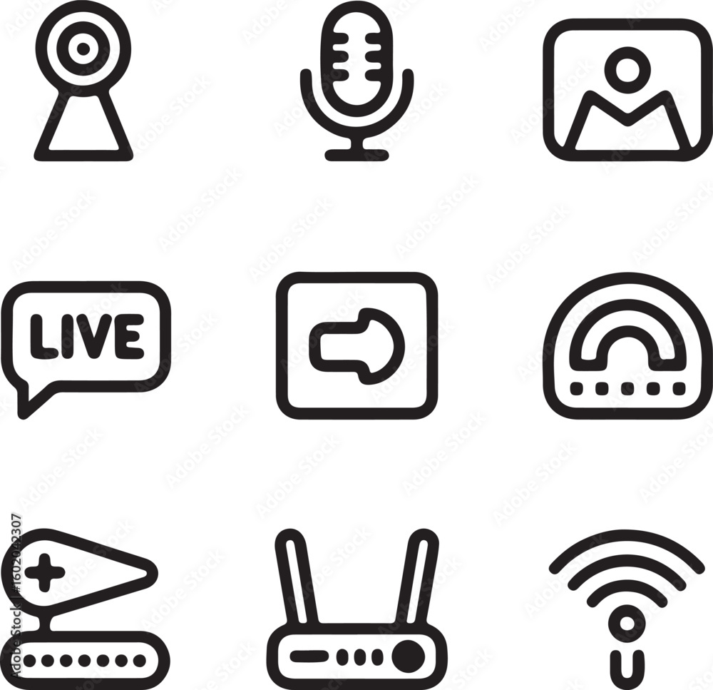 Fototapete set of black outline icons representing different internet and communication technologies including 