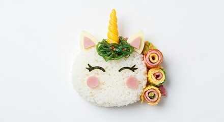 Unicorn face made from white rice decorated with seaweed, corn, and vegetables as imaginative kids� character bento