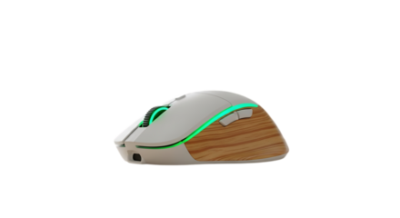 Modern white computer mouse with wooden accent and green led lighting on a desk