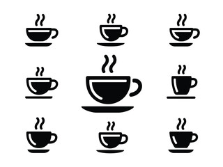 Obraz premium Black Coffee Cup Icons with Steam on White Background