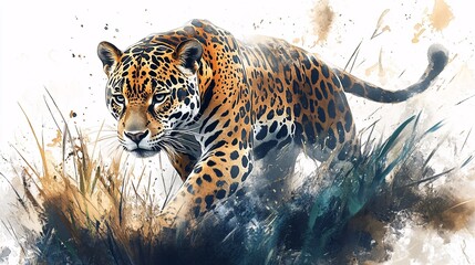 Obraz premium A jaguar in a stylized, artistic depiction of tall grass.
