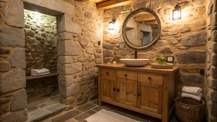 Bathroom with Stone Walls and Wooden Vanity