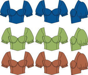 Women puff sleeve crop top fashion design, front and side view, flat style sketch, cad drawing vector illustration template