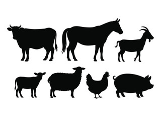 Black Silhouettes of Farm Animals on White Background