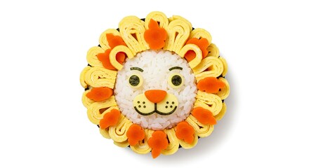 Cheerful lion face bento made from rice and carrot with corn mane in a cute animal character design