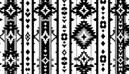 Black and white Aztec-inspired geometric seamless pattern with vertical stripes and Navajo-style motifs, aztec, design