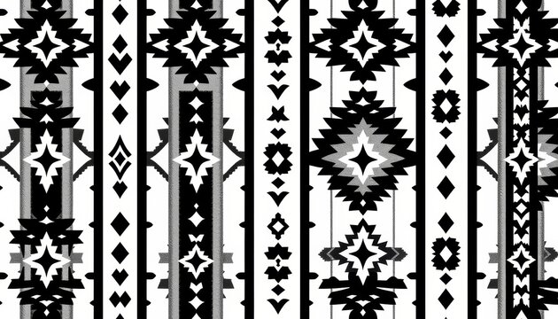 Black and white Aztec-inspired geometric seamless pattern with vertical stripes and Navajo-style motifs, aztec, design