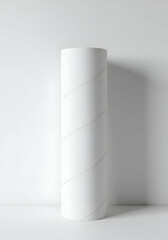Empty white cardboard cylinder against a plain white wall. Neutral backdrop with subtle diagonal lines and minimalist style.