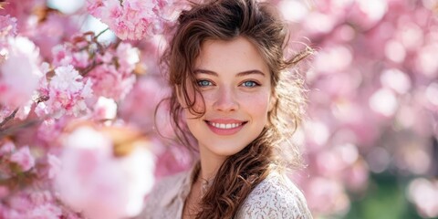 Fototapeta premium Happy Beautiful Woman in Spring Cherry Blossom Background