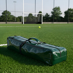 Dark green sports bag resting on a grassy field with a sports stadium in the background. Equipment bag for a sports team member at a professional outdoor sports facility.