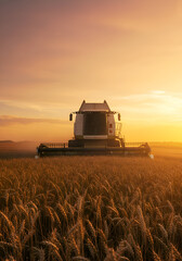 Fototapeta premium A white combine harvester working in a golden wheat field at sunset. Agricultural machinery in action in a rural landscape.