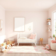 blank picture frame mockup in a cozy children's room playful design featuring pastel walls charming decor with plush toys whimsical themes ideal for nursery wall art display 3d rendering image templat