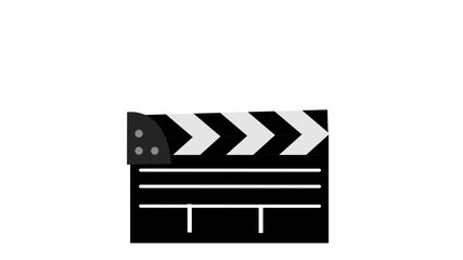 Minimalist clapperboard animation on white background, black and white film slate icon snapping shut in flat style.
