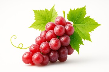 Fototapeta premium Fresh red grape cluster with green leaves and water droplets on bright background, symbolizing freshness, health, and organic food concept.