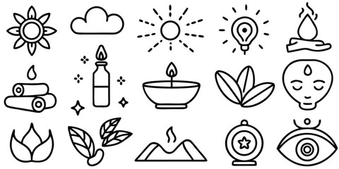 Collection of hand drawn icons representing wellness spirituality and relaxation with a minimalist aesthetic