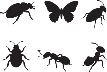Simple Black Silhouette of Various Insects and Butterflies