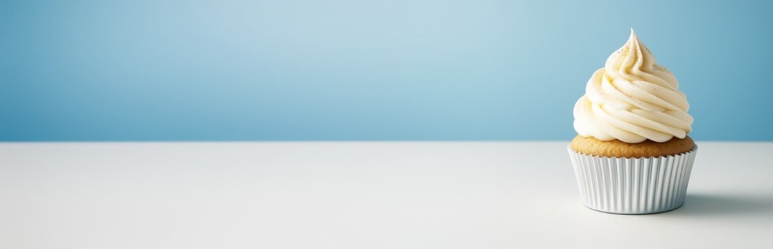 Vanilla cupcake with whipped cream frosting on clean white surface against blue background with copy space for design or advertising concept.