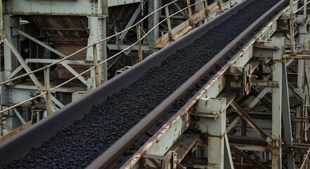 Conveyor Belt Transporting Dark Material at Industrial Site