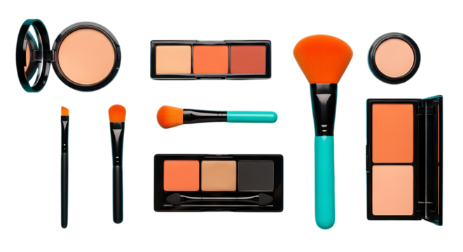 Overhead view of various makeup products arranged on a teal background