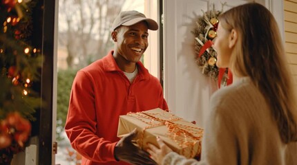 A friendly delivery man in uniform handing a festive gift box to a smiling customer at their doorstep, embodying convenience, holiday cheer, and excellent service. Perfect for e-commerce, logistics