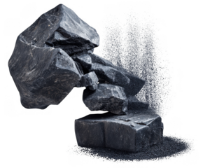 Rough dark gray jagged rocks stacked together isolated on transparent background