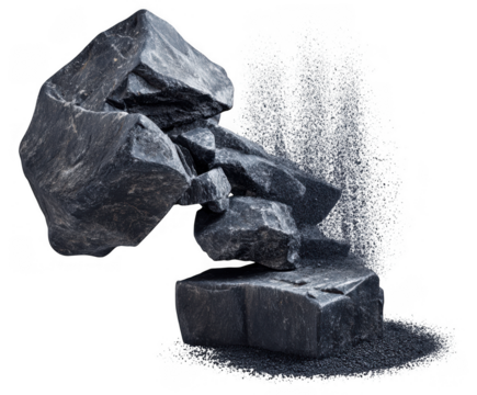 Rough dark gray jagged rocks stacked together isolated on transparent background