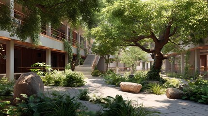 Peaceful school building with garden courtyard and lush greenery
