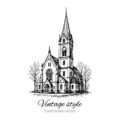 Church of Queen Luisa, Luizenvahl, Landmark of the city of Kaliningrad, Russia, Is main symbol of the Konigsberg, Vector hand drawn ink urban sketch isolated on white, Historical building art line