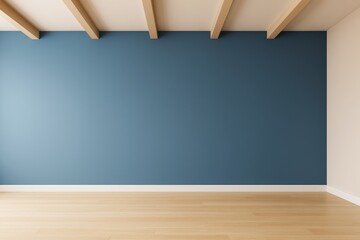 Modern minimalist empty room interior with blue wall, wooden floor and ceiling beams, ideal for design background or architectural concept image.