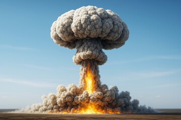 Massive nuclear explosion with fire and smoke forming a mushroom cloud in desert landscape under clear blue sky, dramatic concept background.